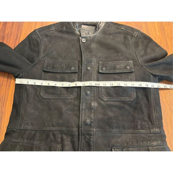 AllSaints Men’s Black Forter Tab Collar Leather Long Sleeve Jacket Size Medium - Picture 2 of 8